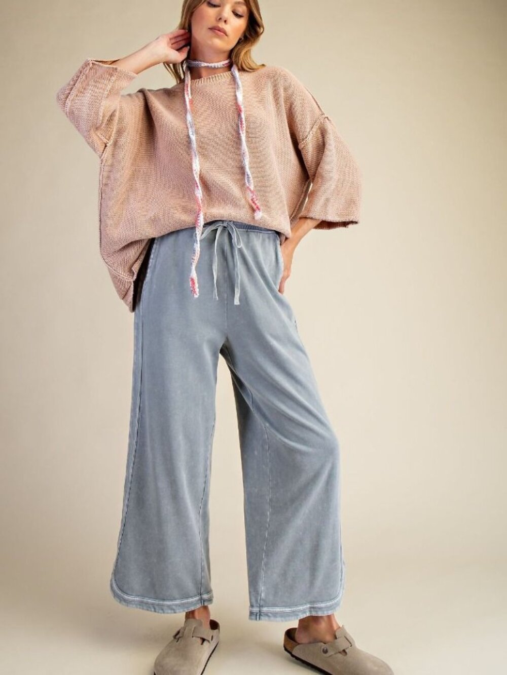 MINERAL WASHED TERRY KNIT PANTS 100% COTTON